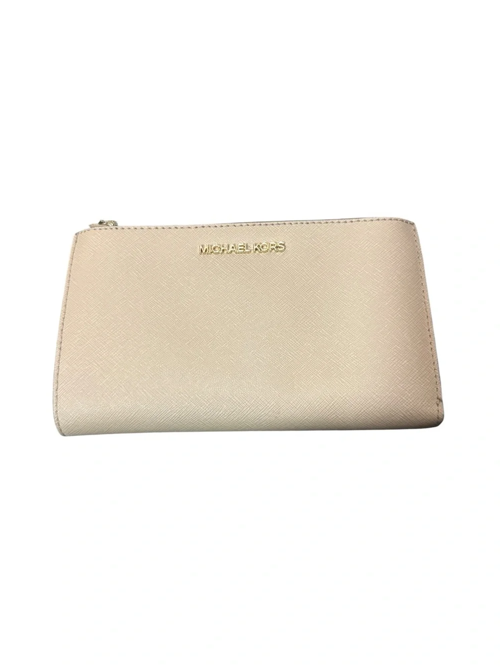 Michael Kors Light Beige Saffiano Zip Cosmetic Case with Gold Logo